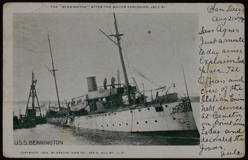 U.S.S. Bennington explosion printed postcards, San Diego, 1905