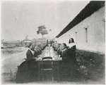[Mission San Juan Bautista, students at outdoor dining table]
