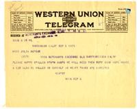 Telegram from William Randolph Hearst to Julia Morgan, September 5, 1921