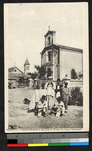People standing before a church, Djibouti, ca.1920-1940