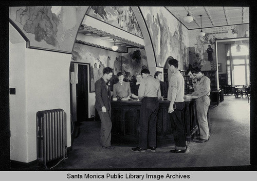 Library charging desk (503 Santa Monica Blvd.) with Stanton Macdonald-Wright murals above the desk