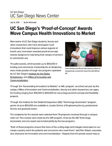 UC San Diego’s ‘Proof-of-Concept’ Awards Move Campus Health Innovations to Market