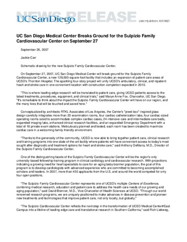 UC San Diego Medical Center Breaks Ground for the Sulpizio Family Cardiovascular Center on September 27
