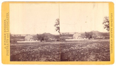 Unidentified Location, Probably in California: (Field with wood house and fence in distance.)