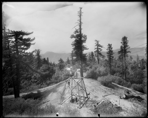 Early construction of the 150-foot tower, Mount Wilson Observatory