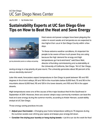 Sustainability Experts at UC San Diego Give Tips on How to Beat the Heat and Save Energy