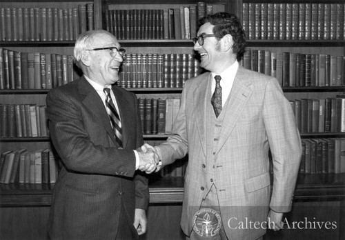 Arnold Beckman with Harry Gray on his being named the first Beckman Professor