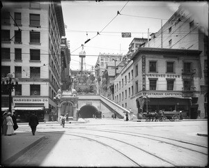 View of the Angels Flight with the cars, the tower and surrounding buildings, Third Street and Hill Street, Los Angeles, ca.1910