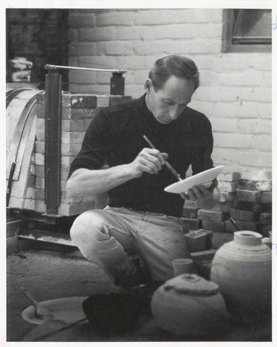 Paul Soldner with ceramics, Scripps College