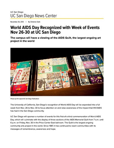 World AIDS Day Recognized with Week of Events Nov 26-30 at UC San Diego