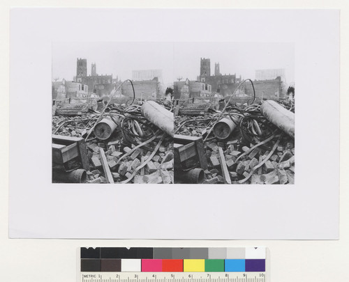 [Ruins, Chinatown area. In distance, left, are St. Mary's Church, Grace Church and Fairmont Hotel on Nob Hill.]