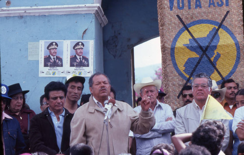 Presidential candidate Ángel Aníbal Guevara's speaking at a campaign rally, Ciudad Vieja, 1982