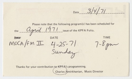 Letter to Tom Marioni from Charles Amirkhanian (MOCA FM)