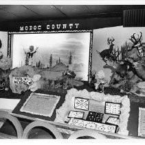 View of Modoc County's exhibit booth at the California State Fair. This was the last fair held at the old fair grounds