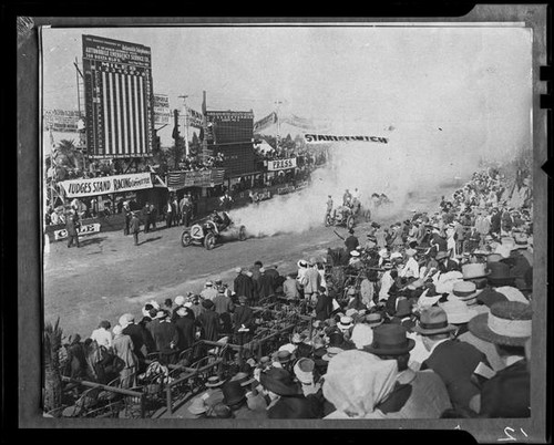Santa Monica Road Races, race start or finish, Santa Monica, 1911-1914, rephotographed 1950