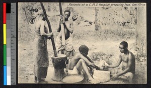 Patients preparing food with mortar and grindstone, German East Africa, ca.1920-1940