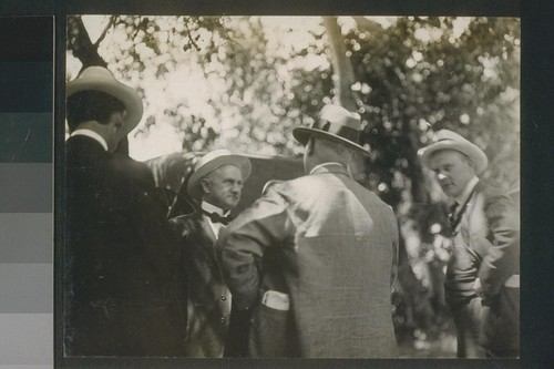 #168, Dr. Elwood Mead, Chairman State Land Settlement Board, conferring with visiting university professors on the Durham State Land Settlement. August, 1920