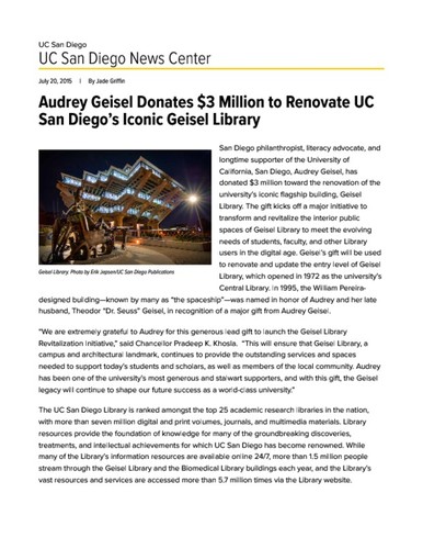 Audrey Geisel Donates $3 Million to Renovate UC San Diego’s Iconic Geisel Library