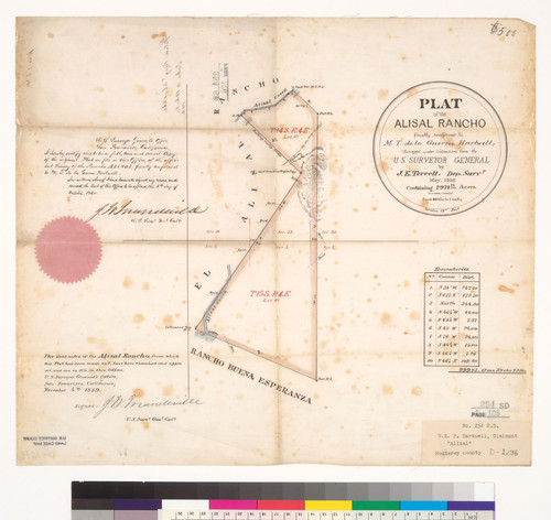 Plat of the Alisal Rancho [Calif.] : finally confirmed to M.T. de la Guerra Hartnell / surveyed under instructions from the U.S. Surveyor General by J.E. Terrell, Dep. Survr., May 1859