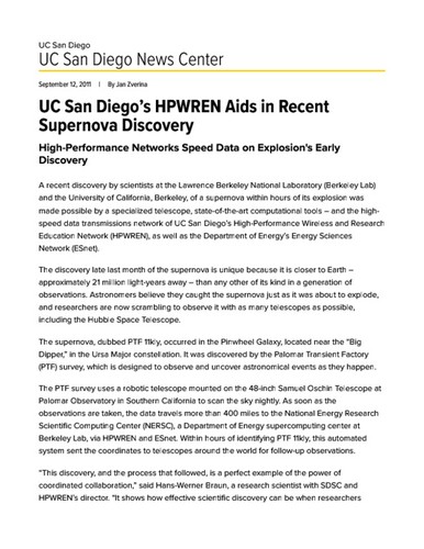 UC San Diego's HPWREN Aids in Recent Supernova Discovery