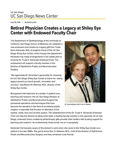 Retired Physician Creates a Legacy at Shiley Eye Center with Endowed Faculty Chair