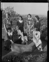 Carol Huesman, Margaret Franco, Gloria Bergin, Mary Franco, Patricia Kelly, Marilyn Mogan and Mary Lamon gather at the home of Ralph Huesman, Los Angeles, 1936