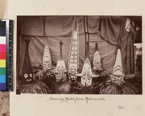 Still life of ceremonial masks, Papua New Guinea, ca. 1890