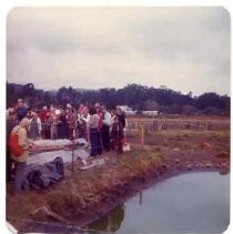 Photographs of landscape of Bolinas Bay. Large group gathered for a ceremony, Bolinas Lagoon