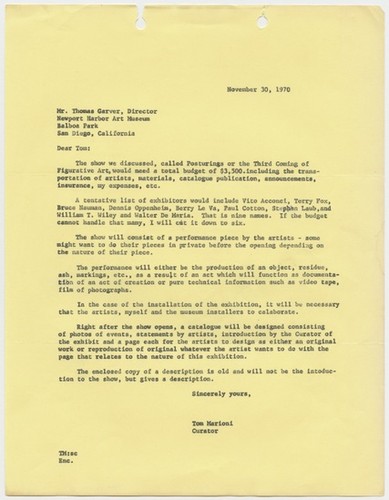 Letter to Thomas Garver, Director, Newport Harbor Art Museum, from Tom Marioni