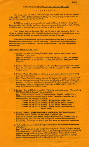 Malibu - Topanga Civic Association Bulletin, August 6, 1959. Issue deals with water issues