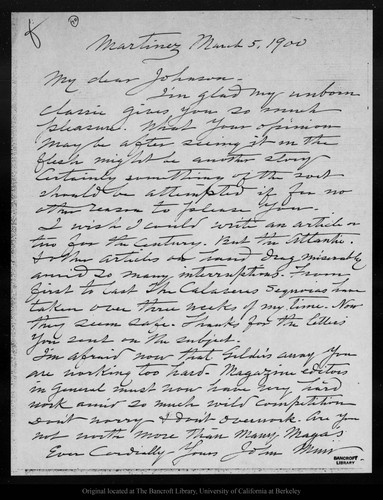 Letter from John Muir to [Robert Underwood] Johnson , 1900 Mar 5