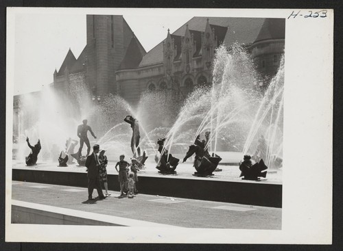 The ornate and much discussed Milles Fountain in Aloe Plaza opposite the Union Station. Photographer: Mace, Charles E. St. Louis, Missouri