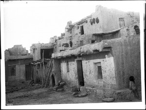 Houses in the pueblo of Walpi (Walpai), with an outdoor fireplace, Arizona, ca.1898