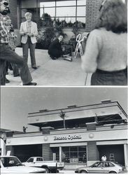 John L. Hughes, architect, kneeling next to oversized Sebastopol Chamber of Commerce scissors for the 1983 opening ribbon-cutting of the Singler/Ernster Buidling in Sebastopol