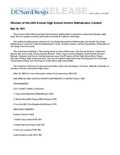 Winners of the 24th Annual High School Honors Mathematics Contest
