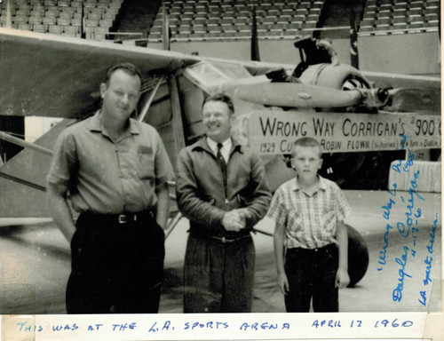 Douglas "Wrong Way" Corrigan and his airplane at the L.A. Sports Arena