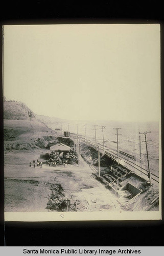 Panorama of the mouth of Santa Monica Canyon showing Tract Office and Adelaide Drive