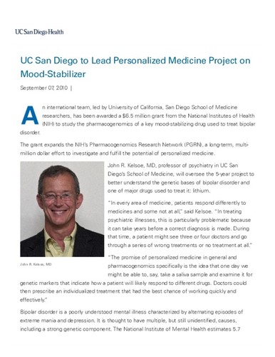 UC San Diego to Lead Personalized Medicine Project on Mood-Stabilizer
