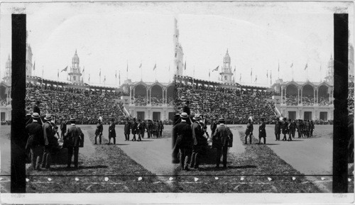 President McKinley and escort arriving at the reviewing stand in the Stadium. Pan American Exposition