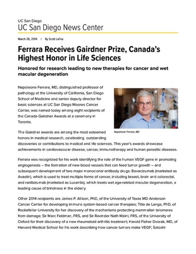 Ferrara Receives Gairdner Prize, Canada’s Highest Honor in Life Sciences