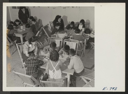A pre-school class in the Jerome Center grade school. Teachers are Marie Izume, Nelli Nishimura and Emiko Shinagawa. Assistant teachers, such as those shown, are drawn from qualified residents (former west coast persons of Japanese ancestry). Photographer: Parker, Tom Denson, Arkansas
