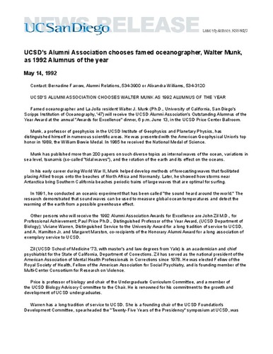 UCSD's Alumni Association chooses famed oceanographer, Walter Munk, as 1992 Alumnus of the year
