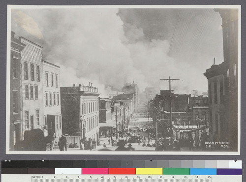 [View of city burning. From east slope of Nob Hill, looking down Pine St.]