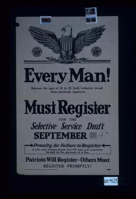Every man! Between the ages of 18 to 45 (both inclusive), except those previously registered, must register for the Selective Service draft September 12th (date inserted). Penalty for failure to register is one year imprisonment