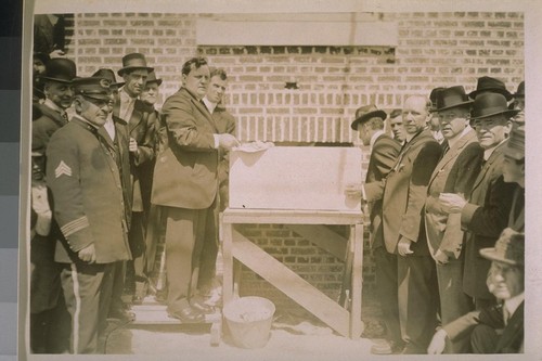 A.J. Gallagher laying the corner stone at the Labor Temple, 2940 - 16th St. San Francisco, Sept. 7th, 1914. Sergt. L. Shaw
