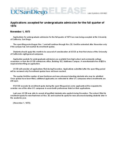Applications accepted for undergraduate admission for the fall quarter of 1974