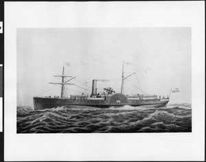 Painting of the Orizaba, a side wheel steamer of the Pacific Coast Steamship Company, later Pacific Mail Transportation Company, ca.1880-1890