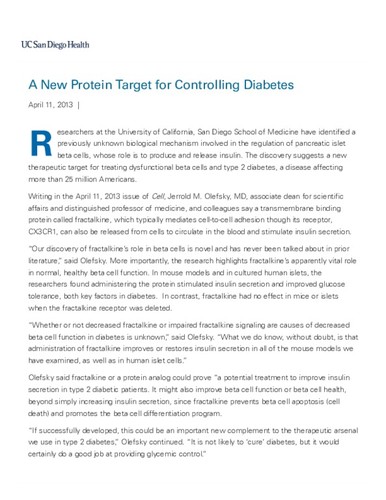 A New Protein Target for Controlling Diabetes