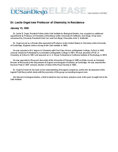 Dr. Leslie Orgel new Professor of Chemistry in Residence