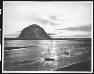 View of Morro Rock, showing sailboats, ca.1900